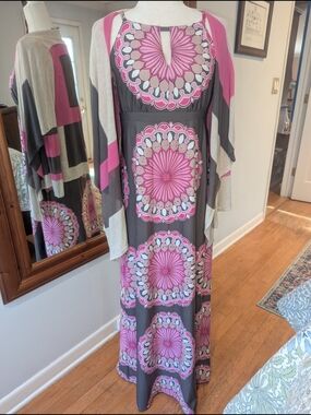 2 Piece Women’s Pink & Gray Printed Maxi Dress And Matching Cardigan